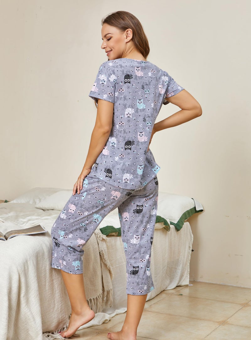 PNAEONG Women Pajama Set Sleepwear Tops with Capri Pants Casual and Fun Prints Pajama Sets SY215-Gray Owl-M - Image 4
